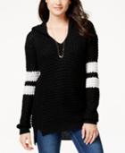 Ultra Flirt Juniors' Striped-sleeve Hoodie Tunic Sweater