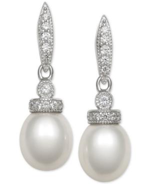 Cultured Freshwater Pearl (7mm) And Cubic Zirconia Drop Earrings In Sterling Silver