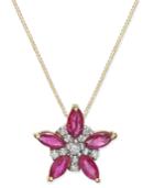 Ruby (1-1/4 Ct. T.w.) And Diamond (1/10 Ct. T.w.) Flower Pendant Necklace In 14k Gold