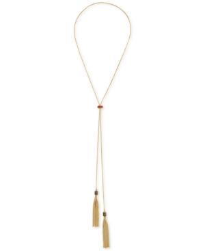 Bcbgeneration Gold-tone Stone Enhanced Tassel Slider Lariat Necklace