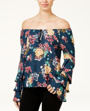 Lily Black Juniors' Printed Off-the-shoulder Ruffle-sleeve Top, Created For Macy's