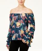 Lily Black Juniors' Printed Off-the-shoulder Ruffle-sleeve Top, Created For Macy's