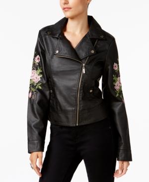 Jou Jou Juniors' Embroidered Faux-leather Jacket