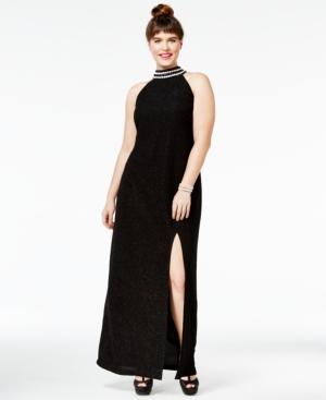 Teeze Me Juniors' Mock-neck Glitter Gown Plus Size