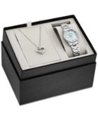 Bulova Women's Diamond Accent Stainless Steel Bracelet Watch 28mm And Heart Pendant Box Set 96x139