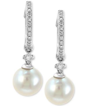 Effy Cultured Freshwater Pearl (7mm) & Diamond (1/6 Ct. T.w.) Hoop Drop Earrings In 14k White Gold
