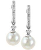 Effy Cultured Freshwater Pearl (7mm) & Diamond (1/6 Ct. T.w.) Hoop Drop Earrings In 14k White Gold