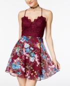 B Darlin Juniors' Lace-contrast Floral-print Dress