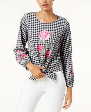Inc International Concepts Embroidered Gingham Blouse, Created For Macy's