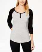Hippie Rose Juniors' Contrast Raglan-sleeve Faux-henley Top