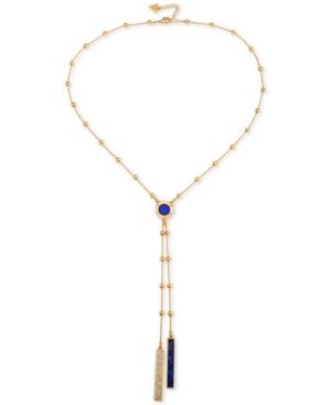 Guess Gold-tone Beaded Pave And Blue Lariat Necklace