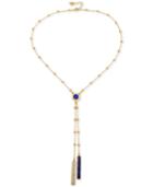 Guess Gold-tone Beaded Pave And Blue Lariat Necklace