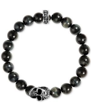 King Baby Men's Blue Tiger Eye Beaded Skull Stretch Bracelet In Sterling Silver