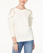Self Esteem Juniors' Ruffled Lace-trim Cold-shoulder Sweatshirt