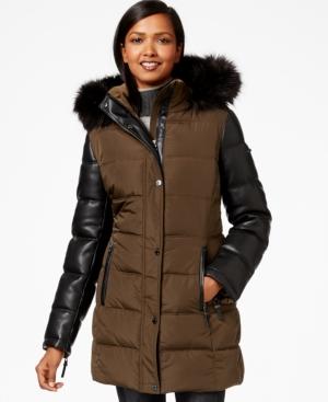 Calvin Klein Faux-fur-trim Mixed-media Puffer Coat