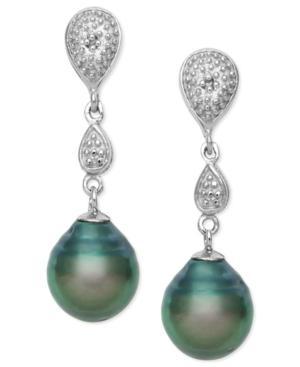 Cultured Tahitian Black Pearl (8mm) And Diamond Accent Drop Earrings In Sterling Silver