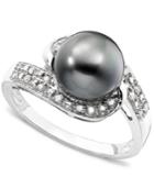 14k White Gold Cultured Tahitian Pearl & Diamond (1/8 Ct. T.w.) Swirl Ring