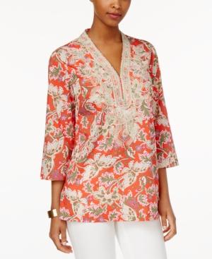 Charter Club Floral-print Embroidered Tunic, Only At Macy's