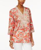 Charter Club Floral-print Embroidered Tunic, Only At Macy's