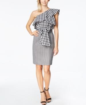 Calvin Klein Gingham One-shoulder Flounce Dress