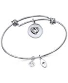 Unwritten Crystal Accented Mom Heart Charm Adjustable Bangle Bracelet In Stainless Steel