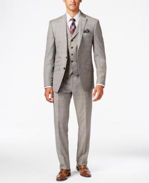 Tallia Men's Slim-fit Tan/black Glen Plaid Vested Suit