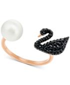 Swarovski Rose Gold-tone Imitation Pearl & Pave Swan Cuff Ring