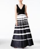Xscape Petite Illusion-inset Striped Ball Gown