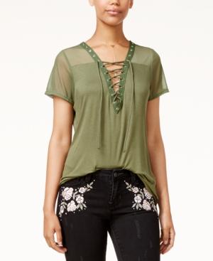 Gypsies & Moondust Juniors' Mesh Lace-up Tee