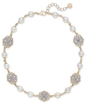 Charter Club Two-tone Crystal Filigree & Imitation Pearl Collar Necklace, Created For Macy's