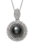 Belle De Mer Cultured Black Tahitian Pearl (9mm) & Cubic Zirconia 18 Pendant Necklace In Sterling Silver