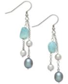 Milky Aquamarine (6 X 8mm) With White And Gray Cultured Freshwater Pearl (5mm & 7mm) Chain Drop Earrings In Sterling Silver