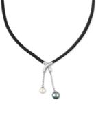 Majorica Silver-tone Imitation Pearl Black Leather Pendant Necklace