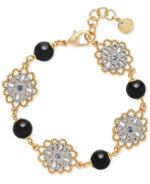 Charter Club Two-tone Crystal Flower & Jet Imitation Pearl Link Bracelet, Created For Macy's