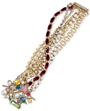 Betsey Johnson Gold-tone Multi-stone, Imitation Pearl And Woven Burgundy Velvet Ribbon Bracelet