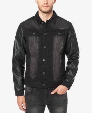 Buffalo David Bitton Men's Black Denim Jacket With Faux Leather Sleeves