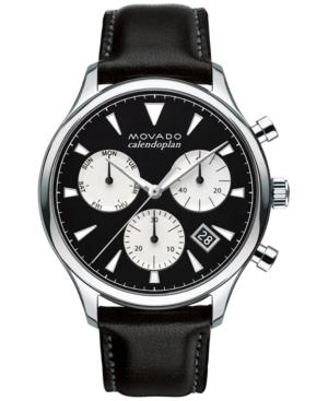 Movado Men's Swiss Chronograph Heritage Series Calendoplan Black Leather Strap Watch 43mm 3650005