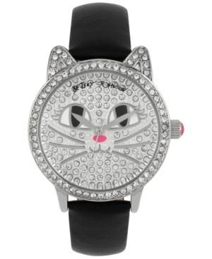 Betsey Johnson Women's Silver-tone Crystal Black Leather Strap Watch 36mm Bj00561-05