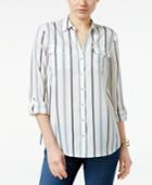 Charter Club Petite Striped Roll-tab Shirt, Only At Macy's
