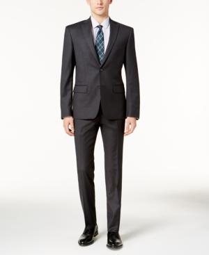 Dkny Men's Slim-fit Charcoal & Burgundy Pinstripe Suit