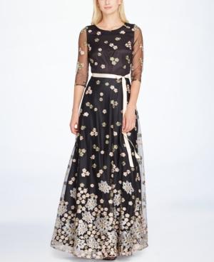 Tahari Asl Embrodiered Mesh Illusion Gown