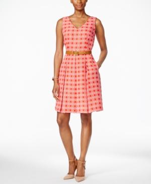 Tahari Asl Sleeveless Belted Geo-print Fit & Flare Dress