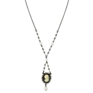 2028 Black-tone Black Diamond Color Crystal Simulated Pearl Cameo Necklace 15 Adjustable