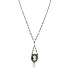 2028 Black-tone Black Diamond Color Crystal Simulated Pearl Cameo Necklace 15 Adjustable