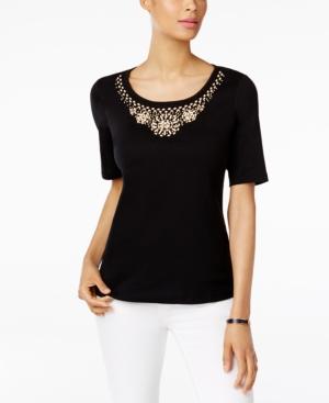 Karen Scott Cotton Beaded-neck Top, Created For Macy's