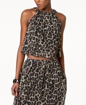 Sl Fashions Metallic-stripe Animal-print Top