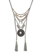 Antiqued Silver-tone Beaded Tassel Statement Necklace