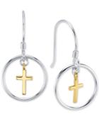 Unwritten Two-tone Cross Hoop Drop Earrings In Sterling Silver & Gold-flash