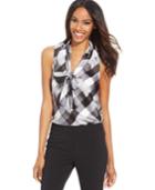 Nine West Sleeveless Plaid Tie-front Blouse