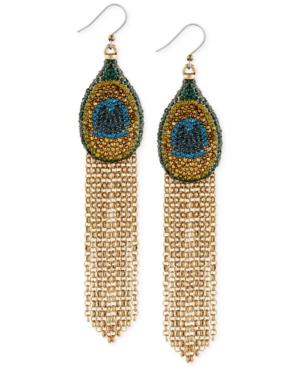 Lucky Brand Gold-tone Pave Peacock Long Fringe Drop Earrings